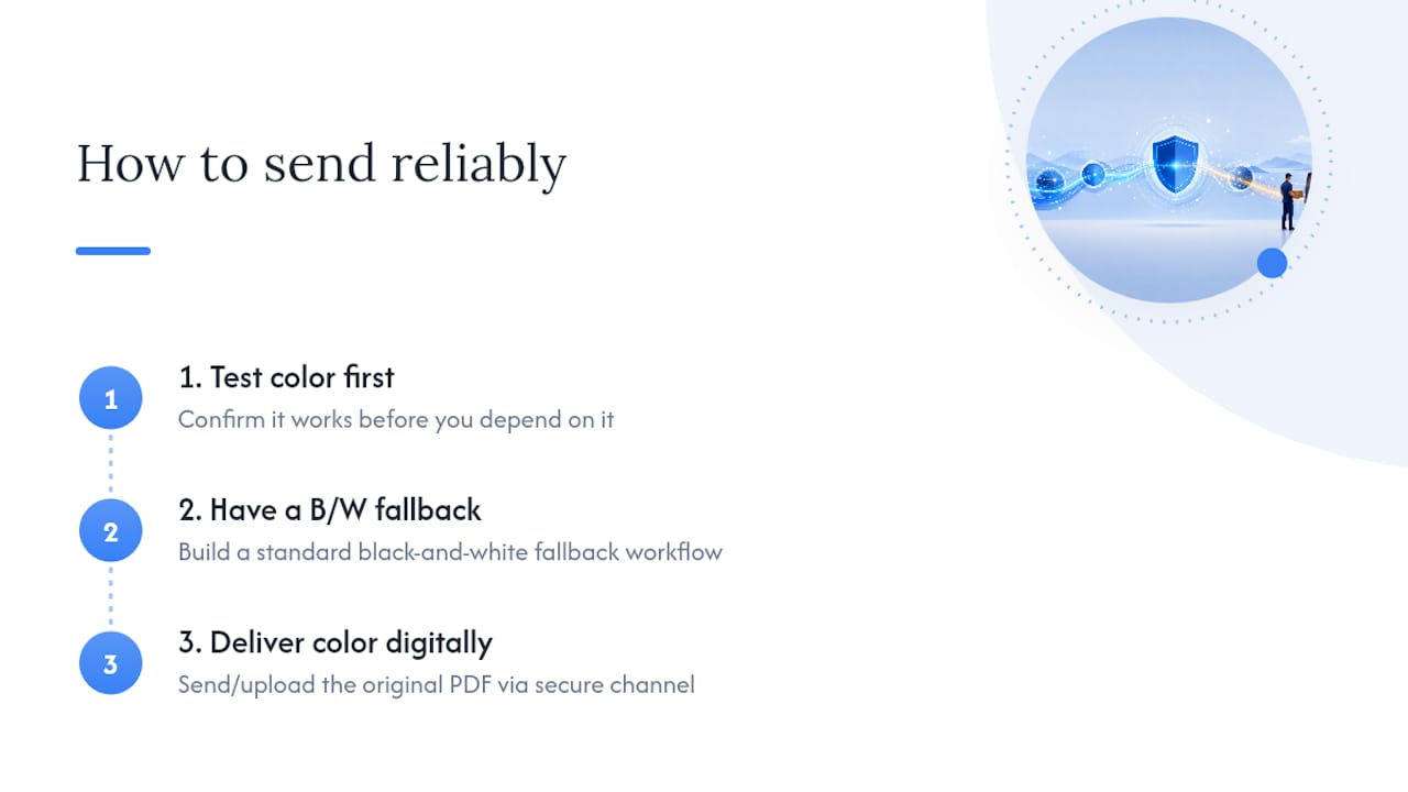 Color fax testing and fallback workflow