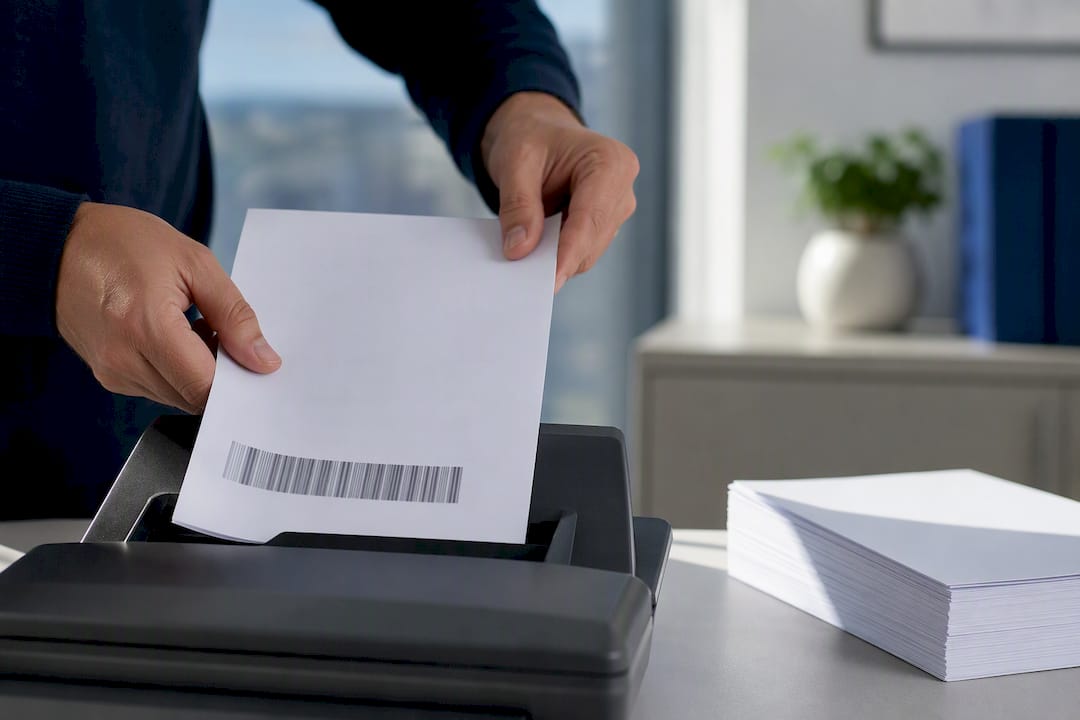 Page entering scanner feeder for barcode faxing