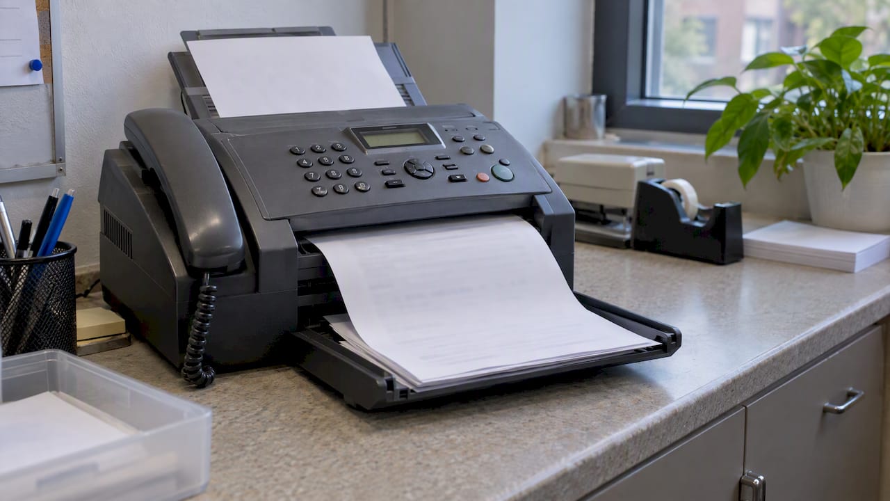 Fax pages resting on a shared machine tray