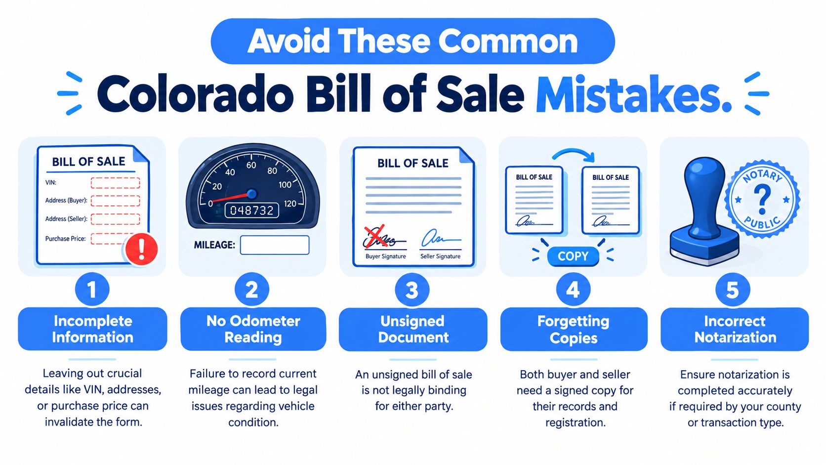 colorado vehicle bill of sale form mistakes infographic