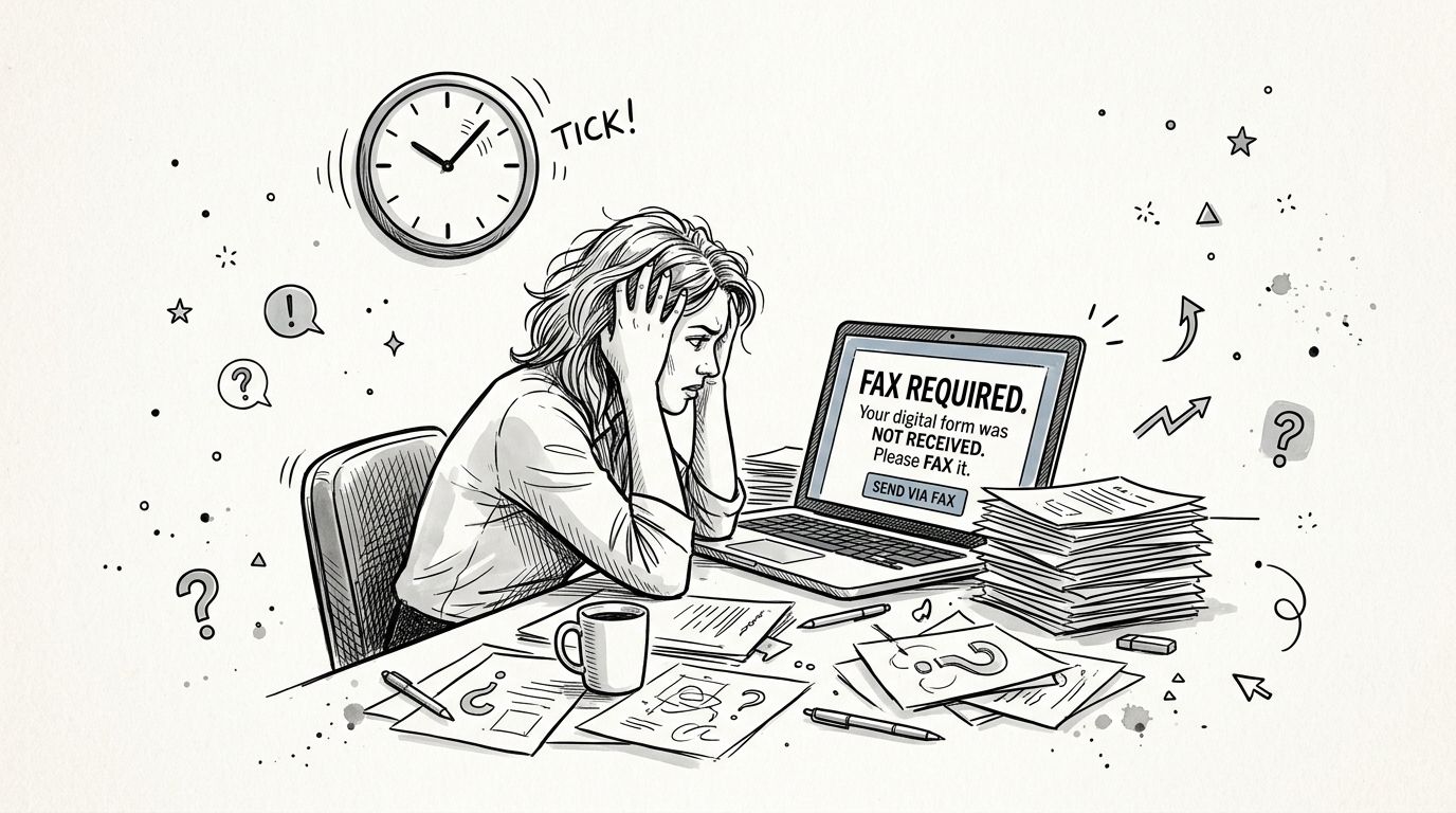 fax from computer frustrated worker