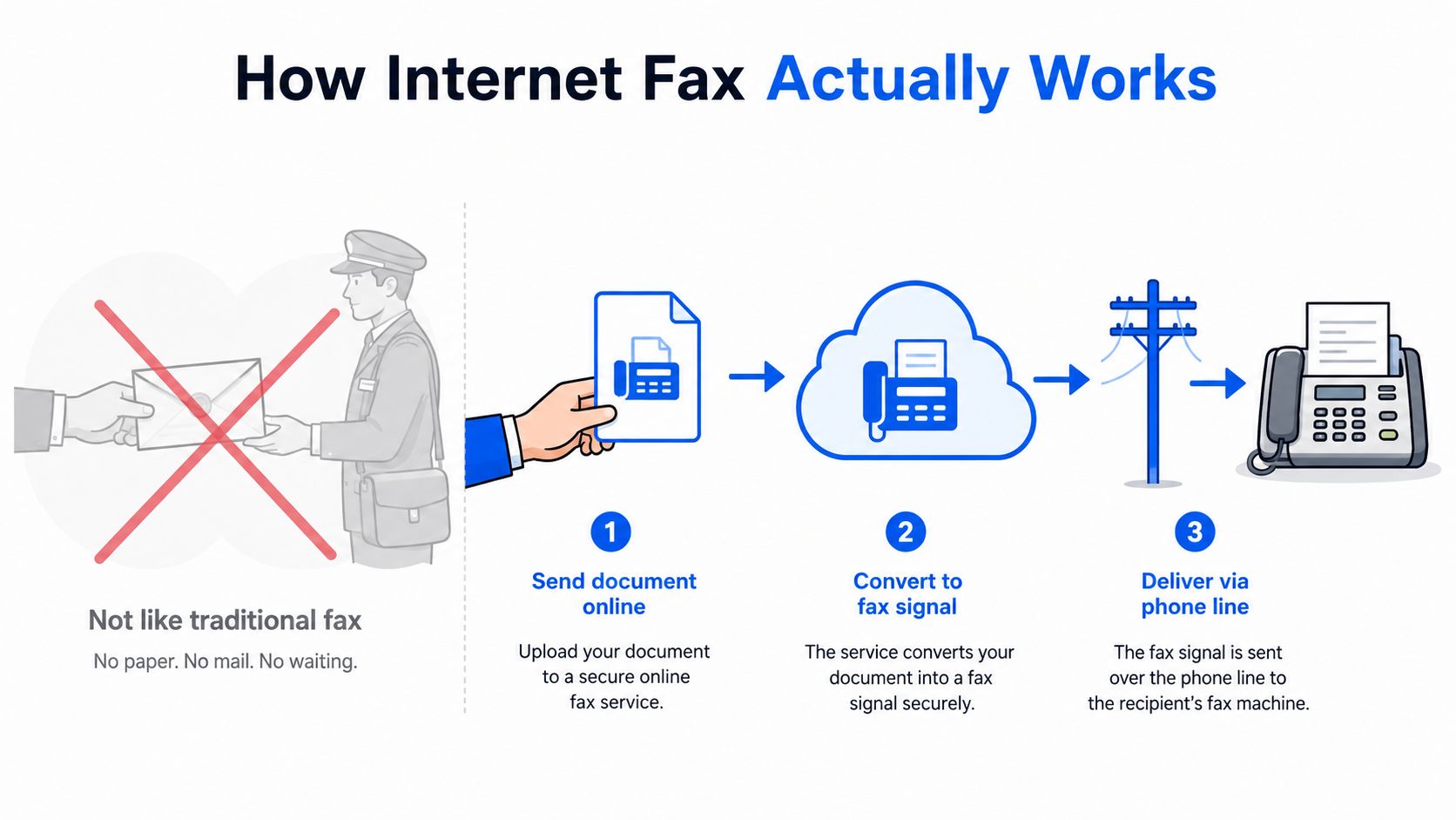 Diagram of how internet fax works: a document is uploaded to an online service, converted into a fax signal, and delivered over the phone line to the recipient's fax machine