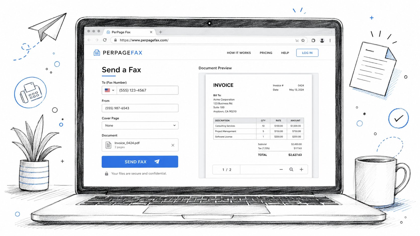 Sketch of a laptop showing the PerPageFax send form with recipient fax number, cover page, and an uploaded invoice PDF