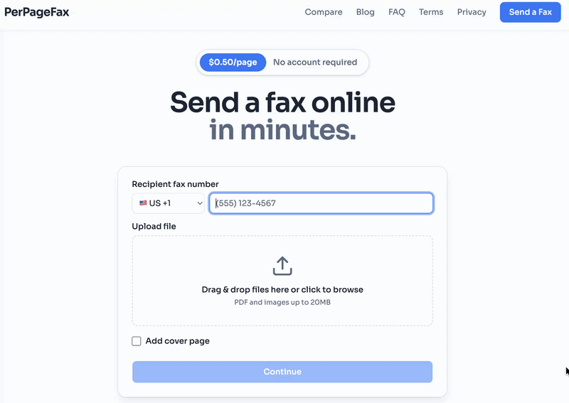 The PerPageFax send page with recipient fax number field, file upload area, and $0.50 per page pricing